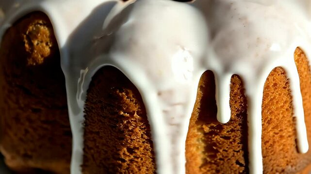 Extreme close-up slow vertical tilt following thick, white sugar icing slowly dripping down the textured side of a freshly baked Bundt cake, creating elegant rivulets