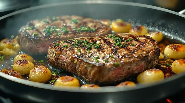 Two perfectly seared steaks with roasted shallots in a pan
