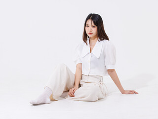 Asian young beautiful pretty happy woman she smiling, cute friendly wearing white shirt white pants...