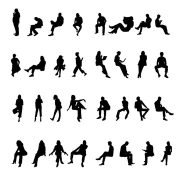 A set of 32 vector silhouettes featuring people in various poses, including sitting, leaning, walking, running, and engaging in daily activities. Perfect for use in architectural designs, presentation