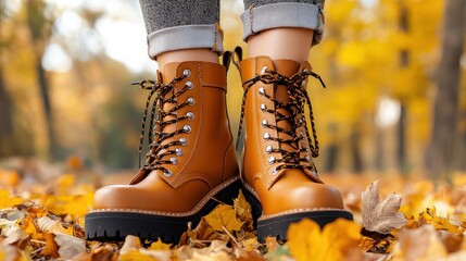 Stylish light brown leather ankle boots with thick black soles are shown on a woman's feet surrounded by vibrant autumn leaves in a park setting.