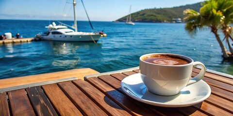 Enjoying a cup of hot coffee with chocolate on a sunny wooden deck overlooking calm waters and a sailboat