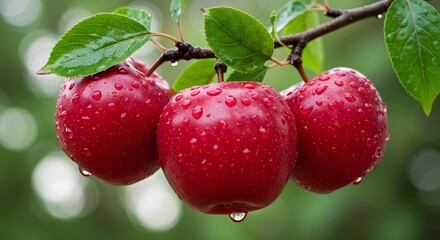 Fresh red apples glistening with water droplets on a tree branch