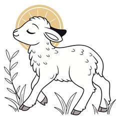 Cute Cartoon Lamb with Halo and Sun – Eid al-Adha Sacrificial Animal Illustration
