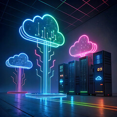 cloud computing concept with cloud computing, Futuristic Neon Cloud Computing Concept with Glowing Data Streams