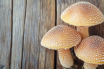 Obraz premium Three Mushrooms on Weathered Wooden Background