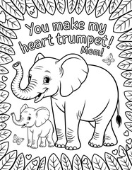 Fototapeta premium A heartwarming coloring page featuring a mother and baby elephant, surrounded by leaves and hearts