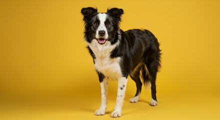 Fototapeta premium Standing dog looking forward on yellow background