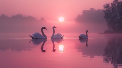 Fototapeta premium **Swans Swimming Across Still Lake At Sunrise, Reflection And Subtle Pastel Gradient --Ar 16:9 --S 973 --V 6.0 --Style Raw** - @Darya (Relaxed)