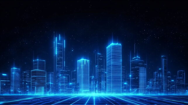 Futuristic digital metropolis with luminous blue outlines of buildings and cityscape grid perspective. Virtual reality and augmented reality cityscape for technology concept.
