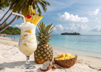 Icy cocktail with tropical fruits on the beach.