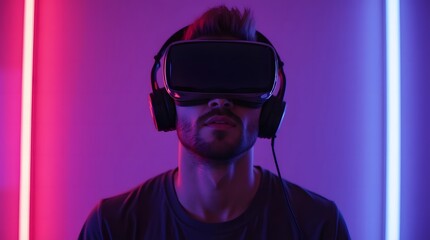 Young man using virtual reality headset. VR, future, gadgets, technology concept