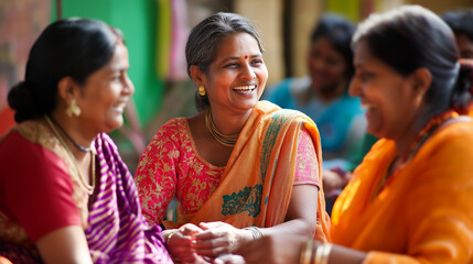 Fototapeta premium Indian women share laughter and stories in a vibrant gathering, showcasing joy and camaraderie in a lively setting