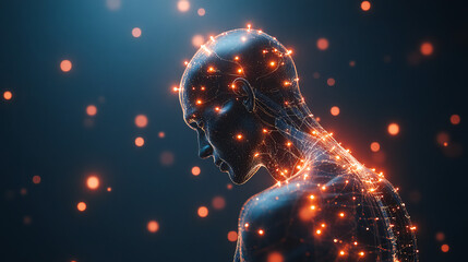 Fibromyalgia Pain Illustration: Depiction of widespread pain in fibromyalgia as glowing points. Concept: Chronic Pain, Fibromyalgia, Pain Symptoms