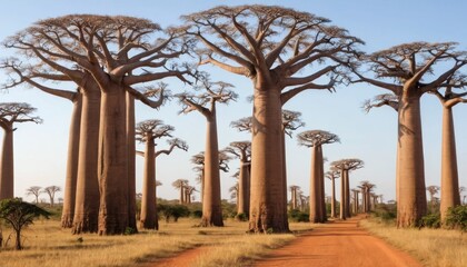 Obraz premium Majestic Baobab Trees Lining a Dusty Road in African Landscape Surrounded by Open Fields and Clear Blue Sky