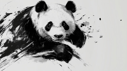 Panda illustrated in bold black and white ink, showcasing traditional Asian artistic style with dynamic brush strokes