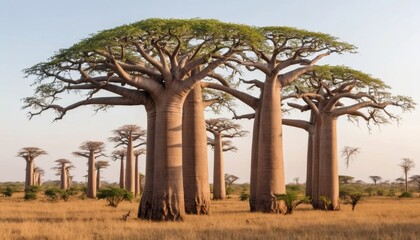 Obraz premium Majestic Baobab Trees in African Landscape at Sunset with Clear Sky and Golden Grassland Surrounding Them