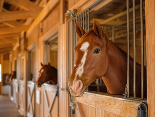 A brown horse with a white face is standing in a stall