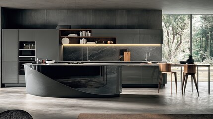 Modern, sophisticated kitchen design with sleek, curved island.