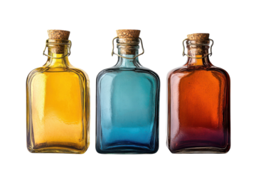 Three vintage glass bottles filled with amber teal and burgundy liquids against a black background Cork stoppers and wire closures add a on transparent background