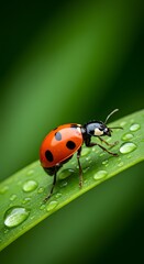 Fototapeta premium Ladybug on Leaf with Water Droplets Macro Nature Close-Up