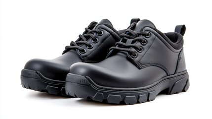 A pair of stylish black leather work boots with durable rubber soles are perfectly positioned against a clean white background showcasing their rugged yet refined design ideal for