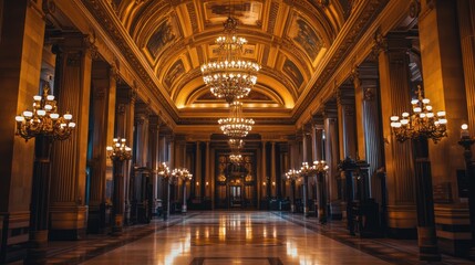 Obraz premium Opulent interior of a historic building with illuminated chandeliers