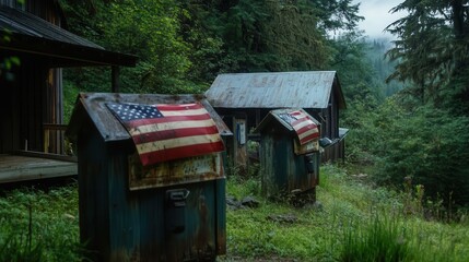 Rustic American flag adorned bins in a forested setting.