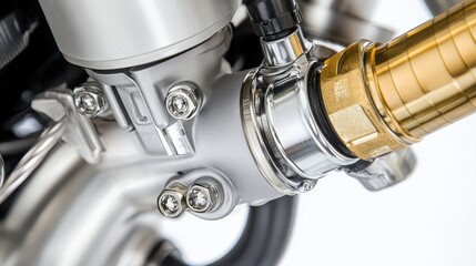 Close-up View of Motorcycle Engine Component with Silver and Gold Details on a White Background