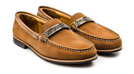 A pair of stylish light brown leather loafers with a decorative silver buckle is presented on a clean white background ideal for online fashion catalogs and advertising.