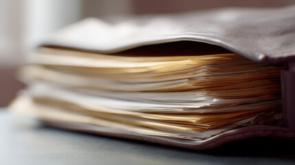 Open leather briefcase filled with documents, close up view