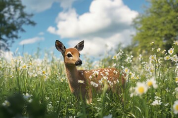 Young fawn explores a vibrant flower field under a blue sky with fluffy clouds