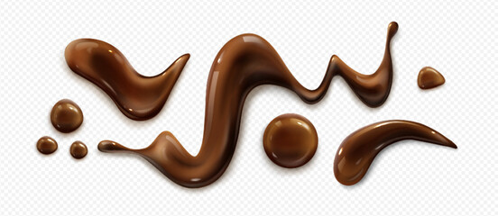 Chocolate sauce splashes and syrup drips on transparent background. Flowing cocoa liquid trails, melted candy drops, gooey fudge swirl. Creamy blobs and sweet spread smears for dessert topping.