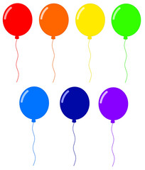 Colorful rainbow balloons with rope on a white background. Bright, festive, and perfect for celebration themes like birthday and party. Balloon drawing and illustration. 