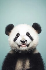 Fototapeta premium Cute panda bear posing on teal background