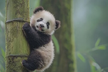 Obraz premium Adorable baby panda climbing bamboo tree