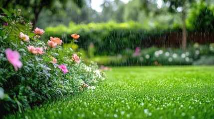 Serene Rain Shower in a Lush Garden