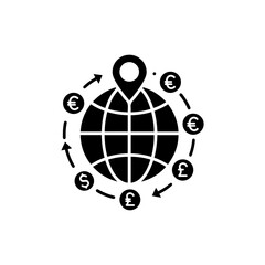 Fototapeta premium Globe with Location Pin and Currency Symbols Surrounding Icon