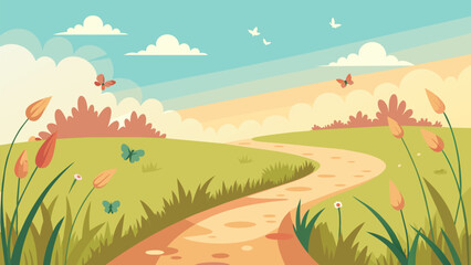 Obraz premium A winding path through a sundrenched meadow filled with tall grasses and prancing butterflies urging one to walk mindfully and embrace the beauty of. Vector illustration
