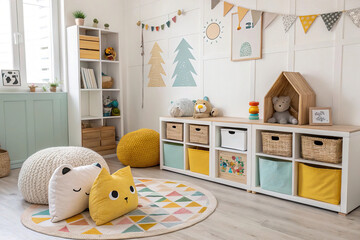 Scandinavian-inspired playroom with creative storage, cheerful colors, and plush animal cushions