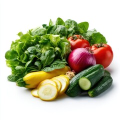 Fresh vegetables and greens still life on white background