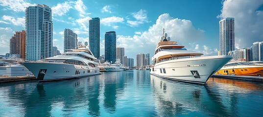 Obraz premium Luxury yachts docked in miami marina with city skyline backdrop