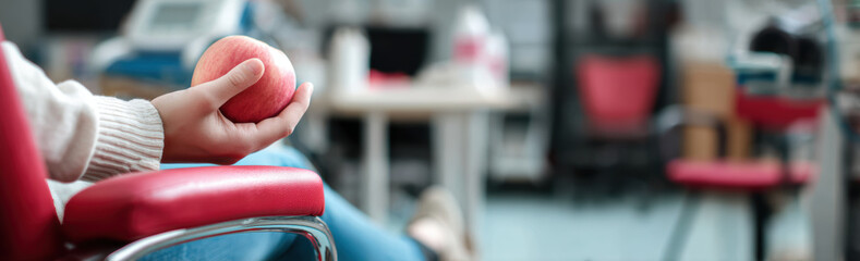 person holding red apple while sitting on red chair in modern indoor setting, conveying sense of calm and focus