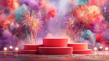 Dynamic stage with pyrotechnics and illuminated platforms, creating a vibrant, energetic presentation and celebration atmosphere.