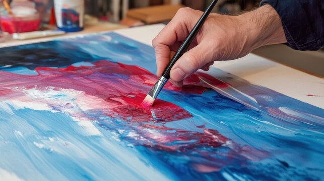 A hand applying vibrant red paint to a vibrant abstract painting.