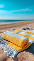 Bright Yellow Beach Towel Rolled on Sandy Shoreline, Summer Vacation Lifestyle, Warm Sunlight, Coastal Relaxation, Travel Photography.