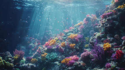 Vibrant underwater coral reef teeming with colorful marine life and sunlight rays