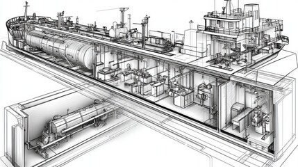 Cross-section View of Oil Tanker Compartments Showcasing Complex Industrial Design and Engineering Details in 3D Rendering Format