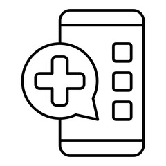 Obraz premium Smartphone with medical cross bubble thin line icon, human rescue concept. Vector graphics. Phone with doctor message, gadget sign on white background, linear style for mobile or design.