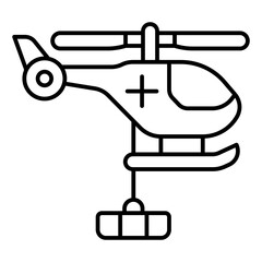 Emergency helicopter with medical cross thin line icon, human rescue concept. Vector graphics. Helicopter with rope and stretcher, transport sign on white background, linear style for mobile or web.